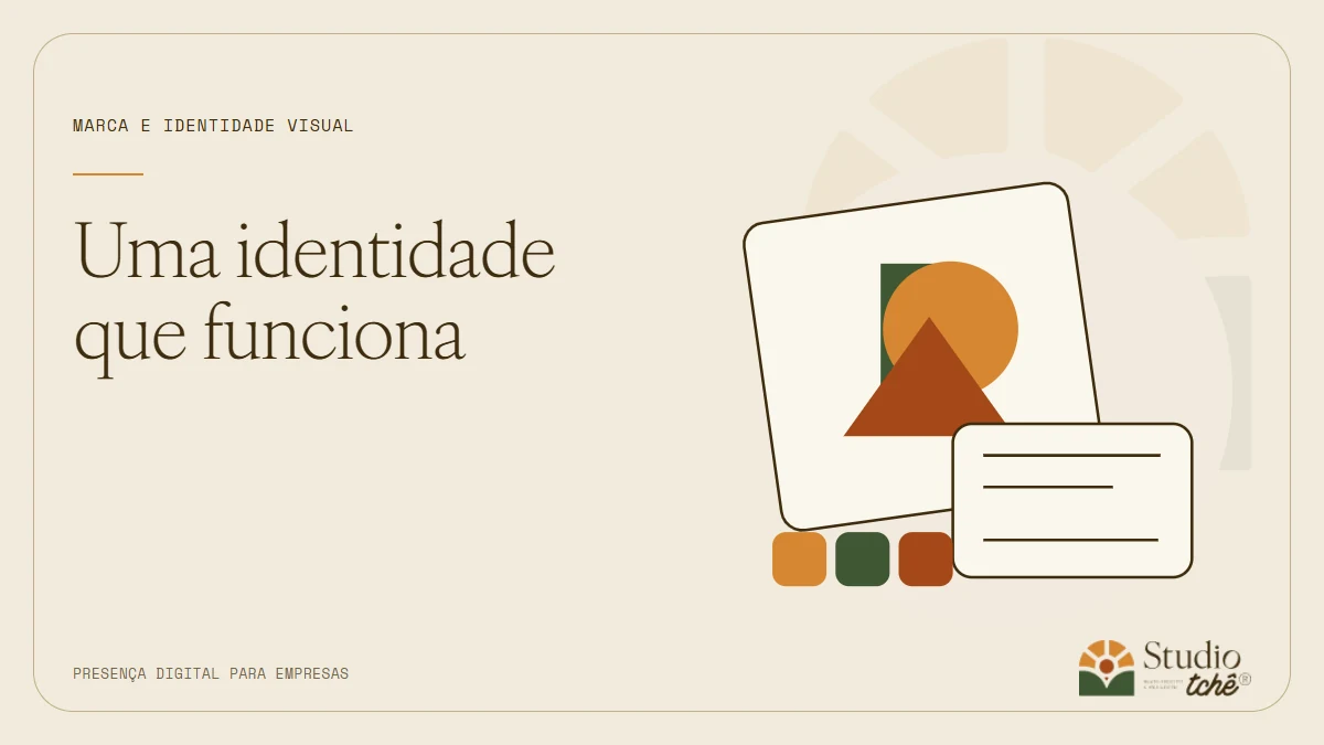 Composição de paleta, formas e aplicações gráficas em creme, laranja e verde, com o texto Uma identidade que funciona.