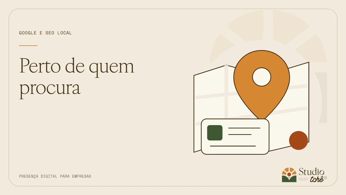 Ilustração editorial de mapa e ficha de empresa, com o texto Perto de quem procura, em creme, marrom e laranja.