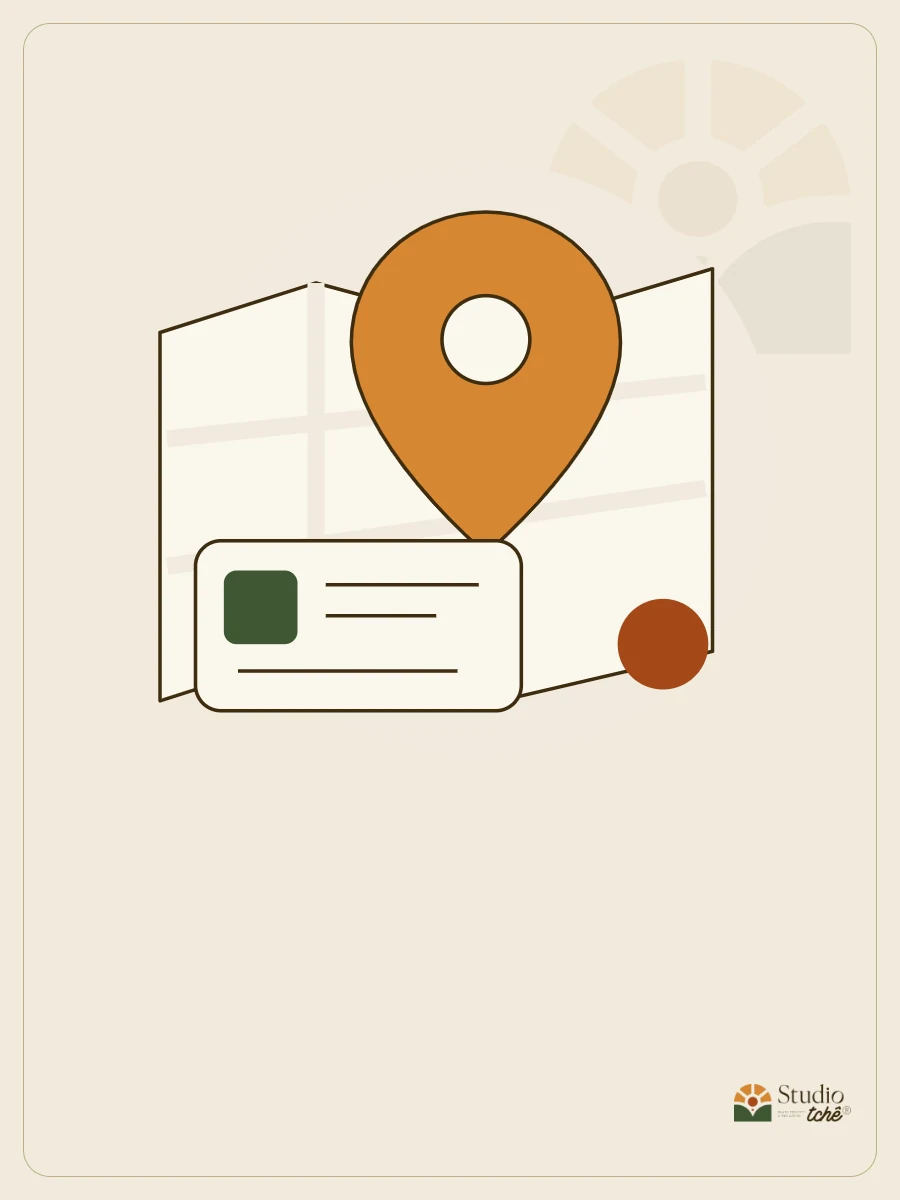 Ilustração de mapa, marcador de localização e ficha comercial, nas cores do Studio Tchê.