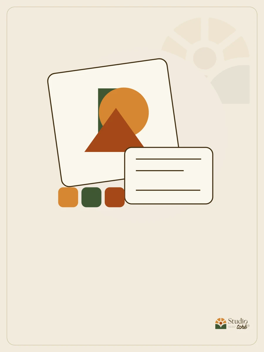 Composição de formas geométricas e amostras de cor da identidade visual do Studio Tchê.